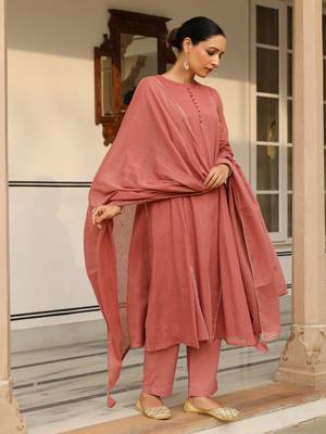 Dusty red mulmul cotton anarkali kurta set with trousers and dupatta 2