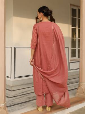 Dusty red mulmul cotton anarkali kurta set with trousers and dupatta 3