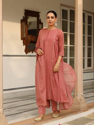 Dusty red mulmul cotton anarkali kurta set with trousers and dupatta 4