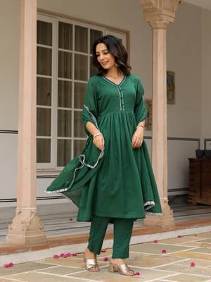 Bottle green mulmul cotton anarkali kurta set with trousers and dupatta 1
