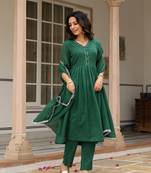 Bottle green mulmul cotton anarkali kurta set with trousers and dupatta