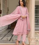 Baby pink mulmul cotton anarkali kurta set with trousers and dupatta