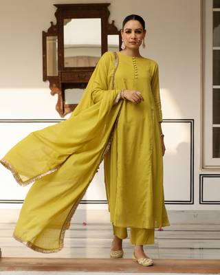 Greenish yellow mulmul cotton anarkali kurta set with trousers and dupatta 1