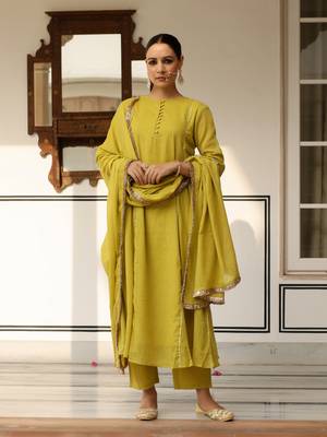 Greenish yellow mulmul cotton anarkali kurta set with trousers and dupatta 2