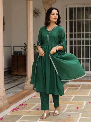 Bottle green mulmul cotton anarkali kurta set with trousers and dupatta 2