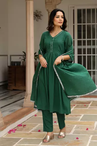 Bottle green mulmul cotton anarkali kurta set with trousers and dupatta