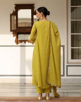Greenish yellow mulmul cotton anarkali kurta set with trousers and dupatta 3