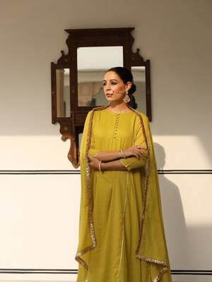 Greenish yellow mulmul cotton anarkali kurta set with trousers and dupatta 4