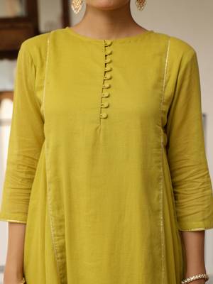 Greenish yellow mulmul cotton anarkali kurta set with trousers and dupatta 5