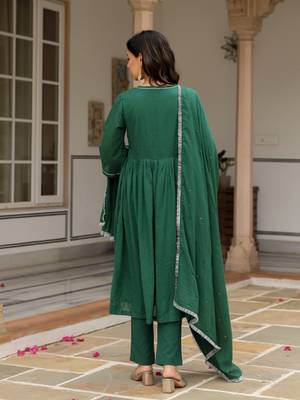 Bottle green mulmul cotton anarkali kurta set with trousers and dupatta 3