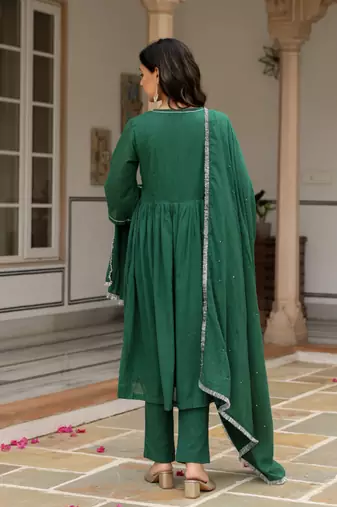 Bottle green mulmul cotton anarkali kurta set with trousers and dupatta