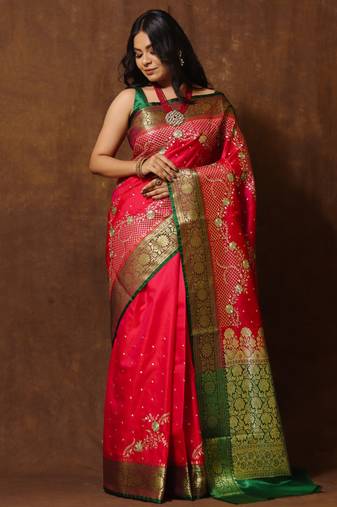 Gs creation embroidered banarasi satin saree (pink)