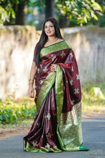 Gs creation present best indian wedding sambhalpuri embroidered banarsi satin saree