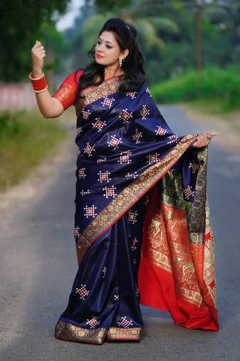 Gs creation present best indian wedding sambhalpuri embroidered banarsi satin saree