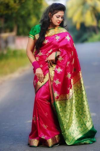 Gs creation present best indian wedding sambhalpuri embroidered banarsi satin saree