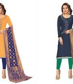 Women's dignified yellow and dark blue color semi stitched hand work banarasi combo dress material