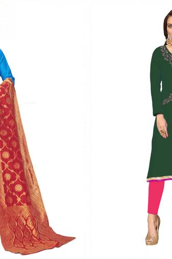 Women's classic sky blue and dark green color semi stitched hand work combo dress material