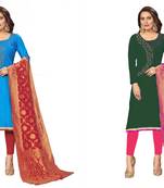 Women's classic sky blue and dark green color semi stitched hand work combo dress material