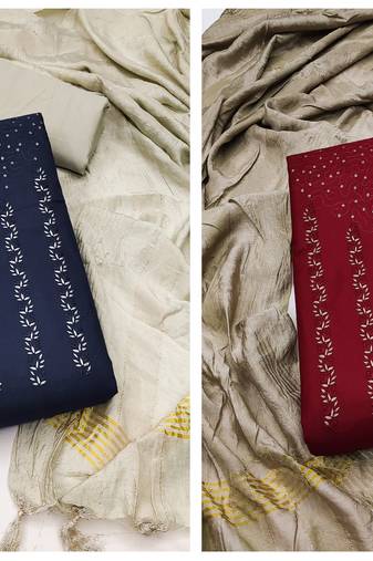 Women's amazing blue and maroon color unstitched embroidery and sequence work cotton combo dress material