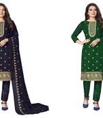 Women's charming blue and green color embroidery combo dress material