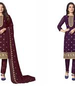 Women's exclusive maroon and purple color unstitched embroidery combo dress material