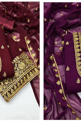 Women's elegant maroon and purple color unstitched  embroidery  combo dress material