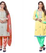 Women's graceful light yellow and grey color unstitched  embroidery with  dupatta cotton combo dress material