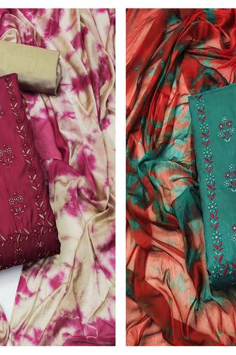 Women's beautiful magenta and seagreen color unstitched  embroidery and  chinon combo dress material