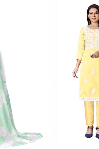 Women's charming seagreen and yellow color unstitched heavy thread embroidery combo dress material