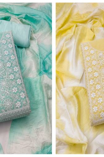 Women's high-class seagreen and yellow color unstitched heavy thread embroidery combo dress material