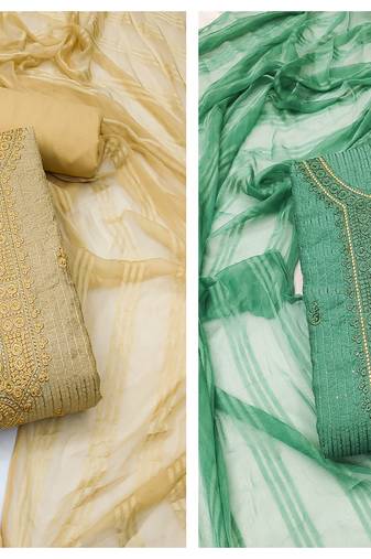 Women's stylish beige and seagreen color unstitched  embroidery with  dupatta chinon combo dress material