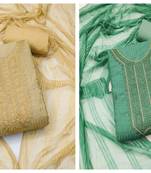 Women's stylish beige and seagreen color unstitched embroidery with dupatta chinon combo dress material