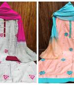 Women's high-class grey and peach color unstitched  embroiderywith  printed dupatta chinnon combo dress material