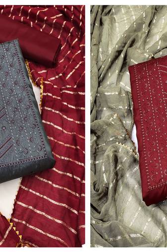 Women's amazing grey and maroon color unstitched embroidery and combo dress material