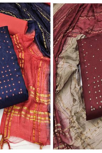 Women's elegant blue and maroon color unstitched  embroidery and  combo dress material
