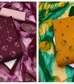 Women's fashionable magenta and mustered color unstitched embroidery and sequence work combo dress material