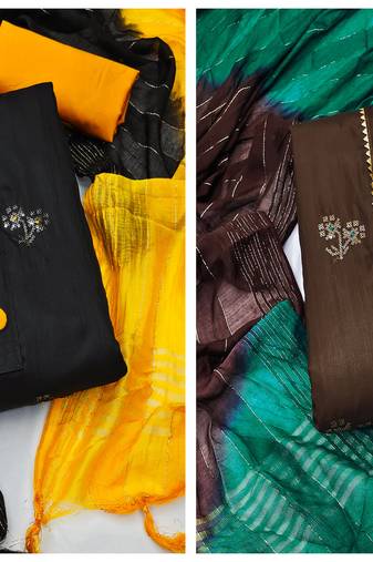 Women's stylish black and brown color unstitched  embroidery and  combo dress material
