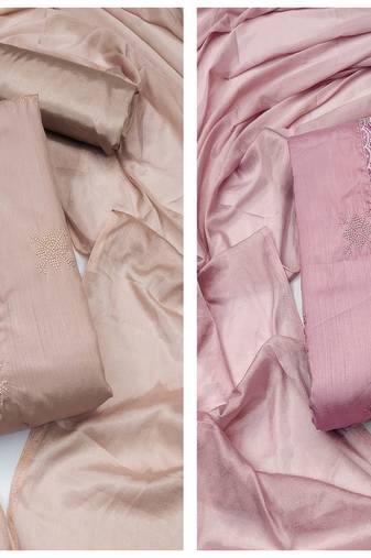 Women's beautifull peach and pink color unstitched  embroidery with fancy dupatta silk combo dress material