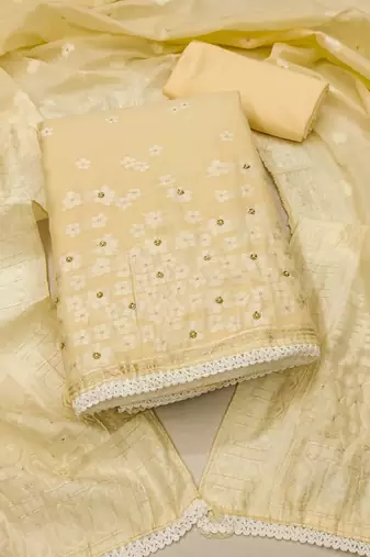 Yellow Muslin Banarasi Unstitched Dress Material