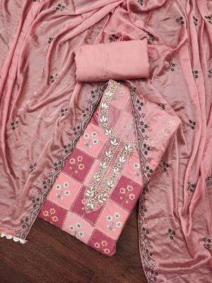 Peach Muslin Sequinned Position Unstitched Dress Material 1