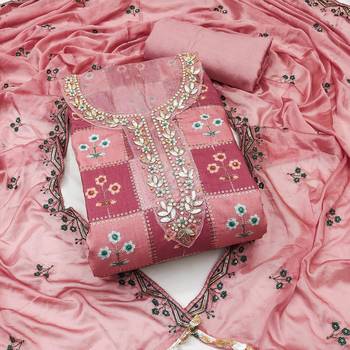 Peach Muslin Sequinned Position Unstitched Dress Material 2
