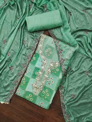 Mint Green Muslin Sequinned Position Unstitched Dress Material 1