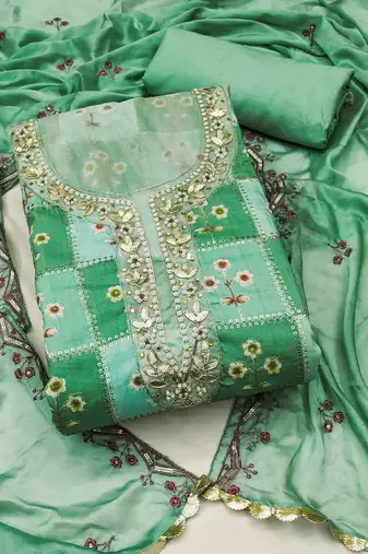 Mint Green Muslin Sequinned Position Unstitched Dress Material