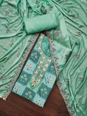 Turquoise Muslin Sequinned Position Unstitched Dress Material 1