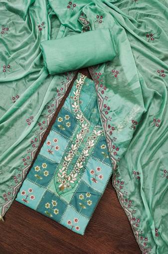 Turquoise Muslin Sequinned Position Unstitched Dress Material