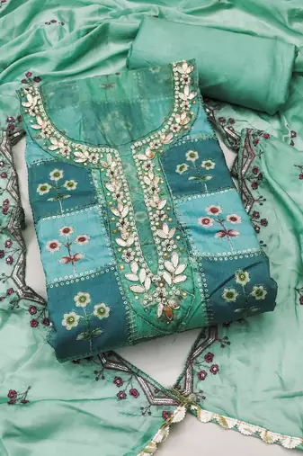 Turquoise Muslin Sequinned Position Unstitched Dress Material