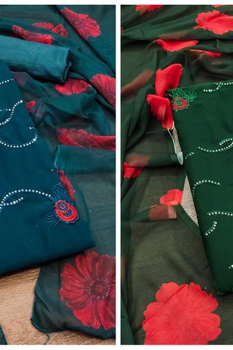 Women's classic blue and green color unstitched sequence wor kwith deisngner dupatta georgette combo dress material