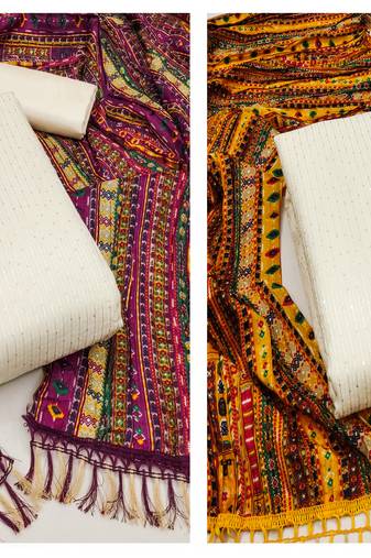 Women's charming off white and off white color unstitched sequence embroidery dupatta chanderi combo dress material