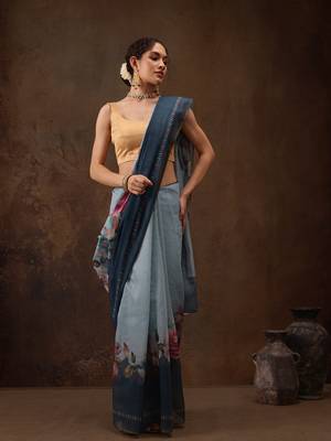 Teal Floral Digital Printed Cotton Blend Saree 1