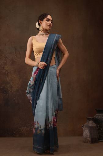 Teal Floral Digital Printed Cotton Blend Saree